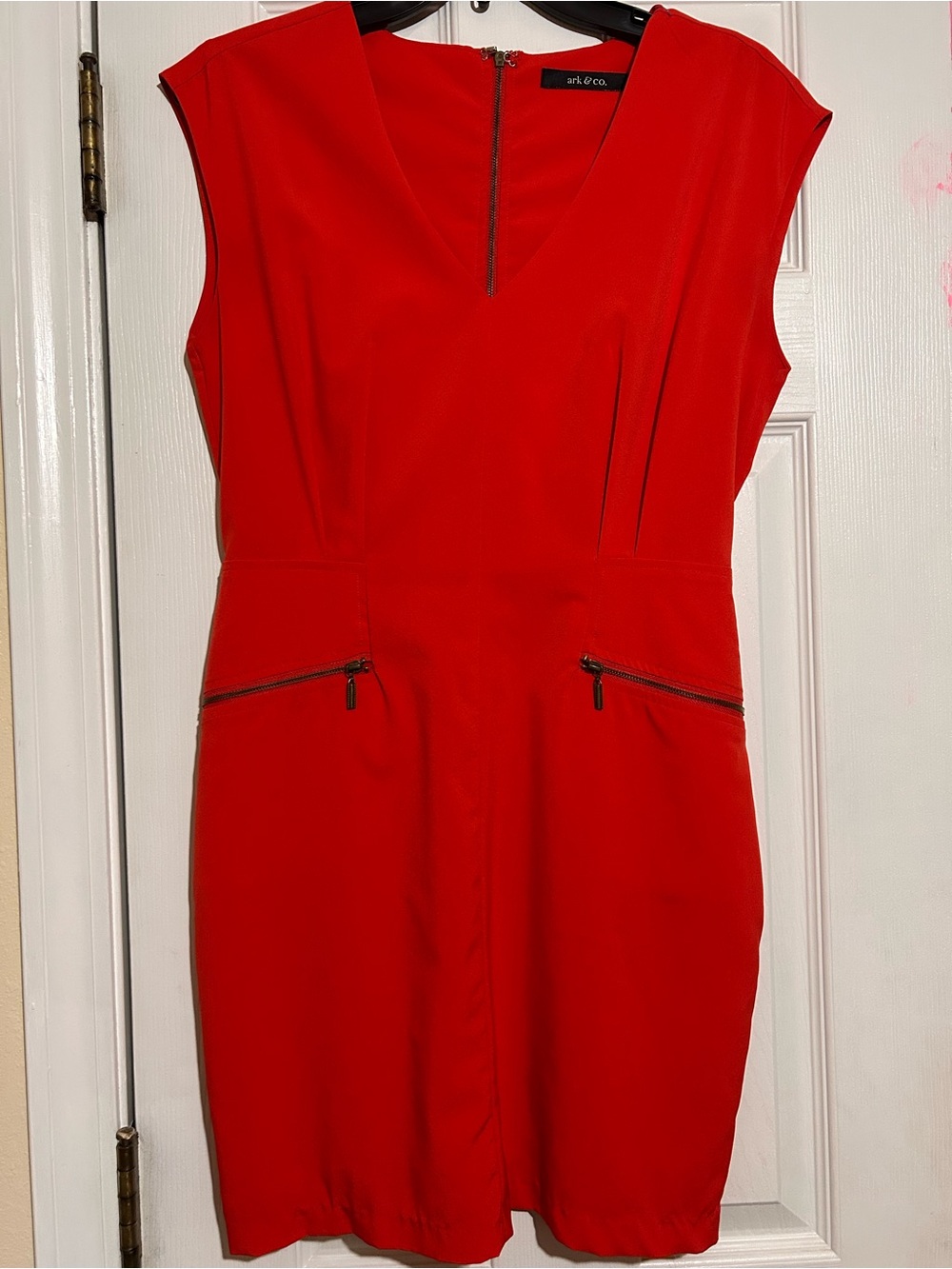 Ark & Co Bright Red V‑Neck Sheath Dress with Zip Details